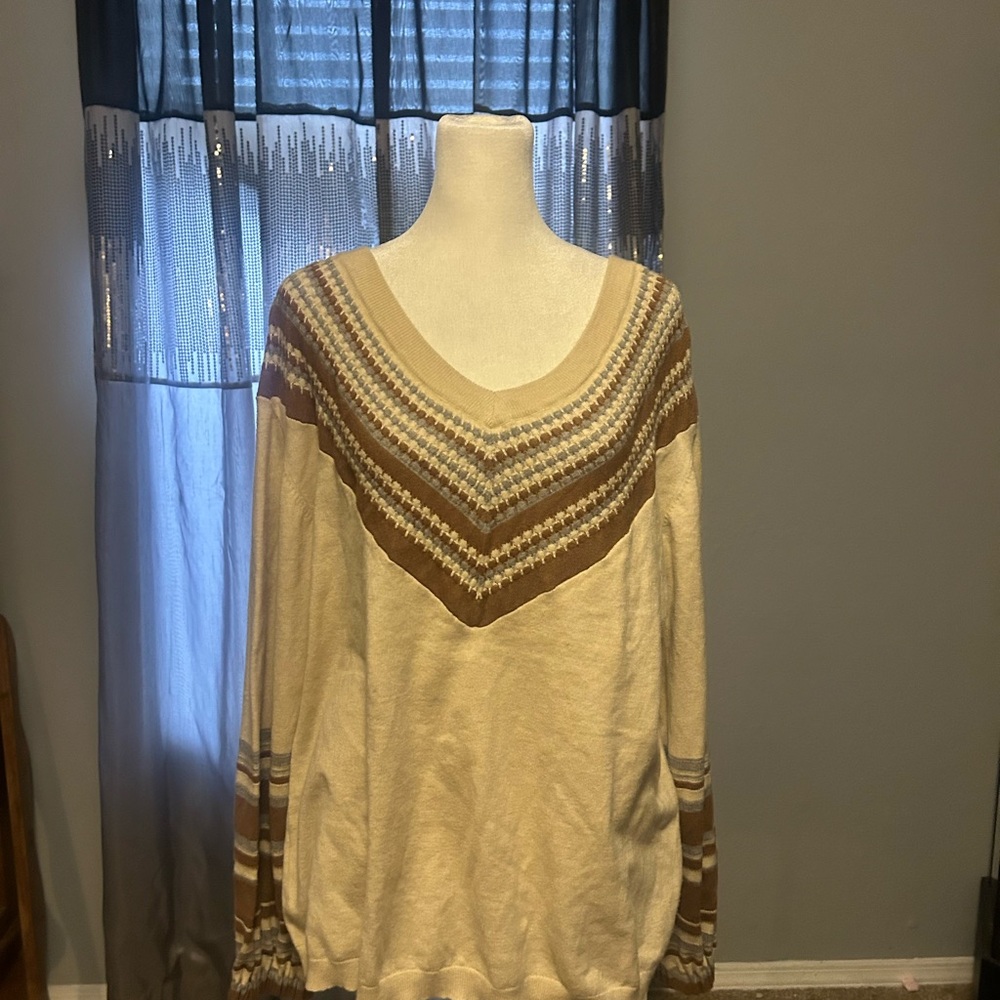 Promesa Cream and Brown V-Neck Sweater